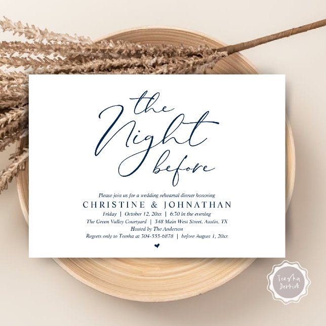 Dinner natten före bröllopsrepetitionen Romantisk  Inbjudningar (The Night Before Wedding Rehearsal Romantic Dinner Invitation Card in Navy Blue)