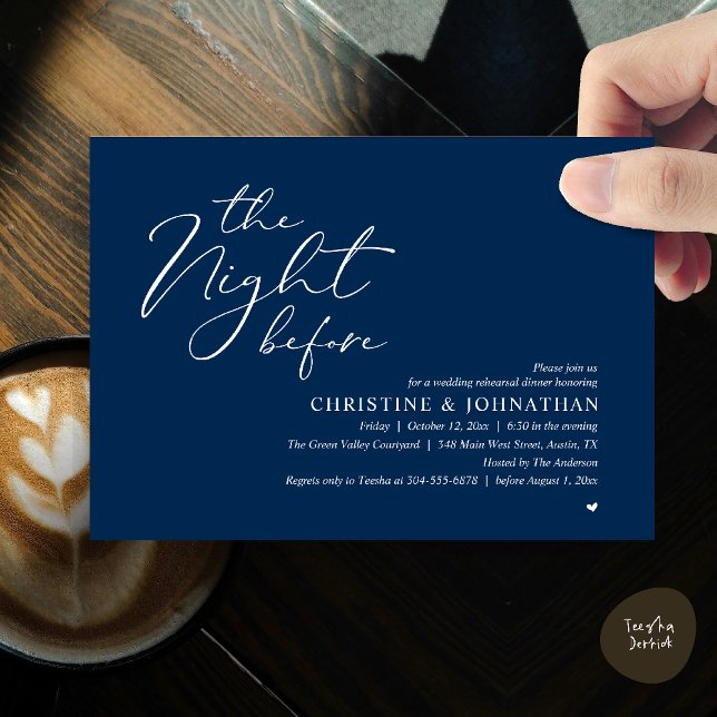 Dinner natten före bröllopsrepetitionen Romantisk  Inbjudningar (The Night Before Wedding Rehearsal Romantic Dinner Invitation Card in Navy Blue)