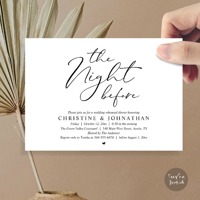 Dinner natten före bröllopsrepetitionen Romantisk  Inbjudningar (The Night Before Wedding Rehearsal Romantic Dinner Invitation Card in Black and White)