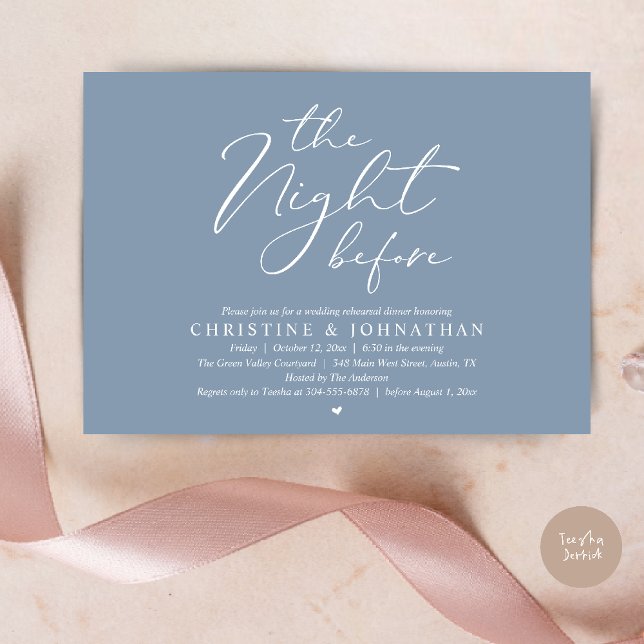 Dinner natten före bröllopsrepetitionen Romantisk  Inbjudningar (The Night Before Wedding Rehearsal Romantic Dinner Invitation Card in Dusty Blue)