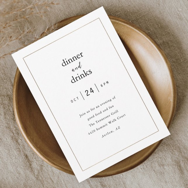 Dinner- och Drinks Business i modern Elegant Inbjudningar (Elegant black and white dinner party invitation with simple gold frame and minimal typography.)