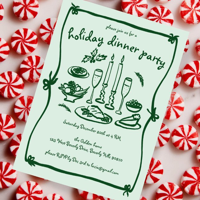 Dinner Party, grå julafton Helgdag Inbjudningar (Whimsical Girly Doodle Sketch Christmas Holiday Dinner Party Invitation
)