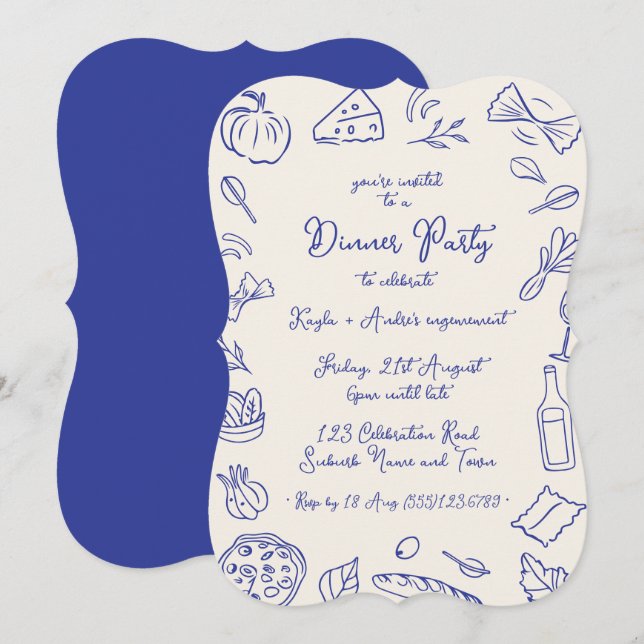 Dinner party hand drawn invitation inbjudningar (Fram/baksida)