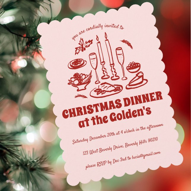 Dinner Party vid Helgdag i Hand plockade Inbjudningar (Whimsical Hand Drawn Holiday Dinner Party Invitation
)