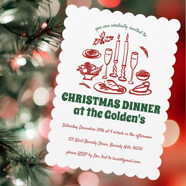 Dinner Party vid Helgdag i Hand plockade Inbjudningar (Whimsical Hand Drawn Holiday Dinner Party Invitation
)