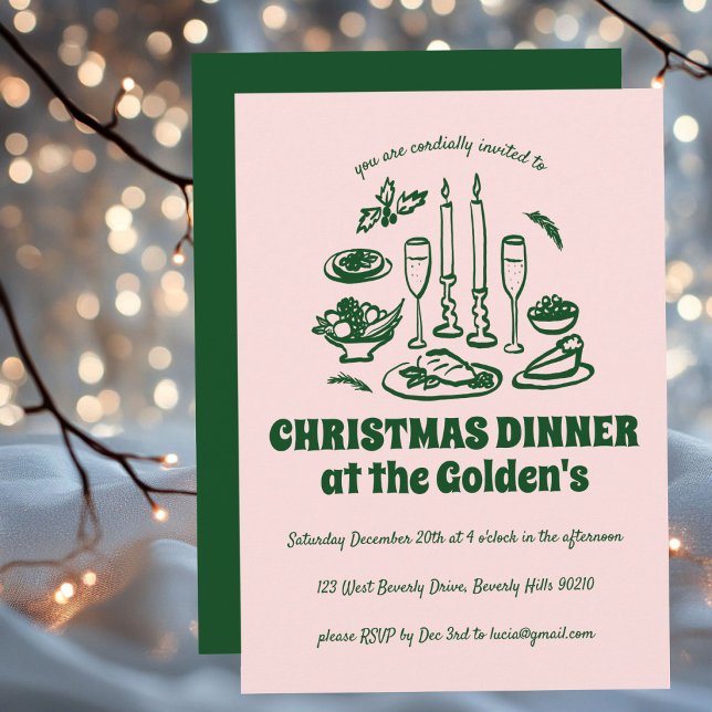 Dinner Party vid Helgdag i Hand plockade Inbjudningar (Whimsical Hand Drawn Holiday Christmas Dinner Party Invitation
)