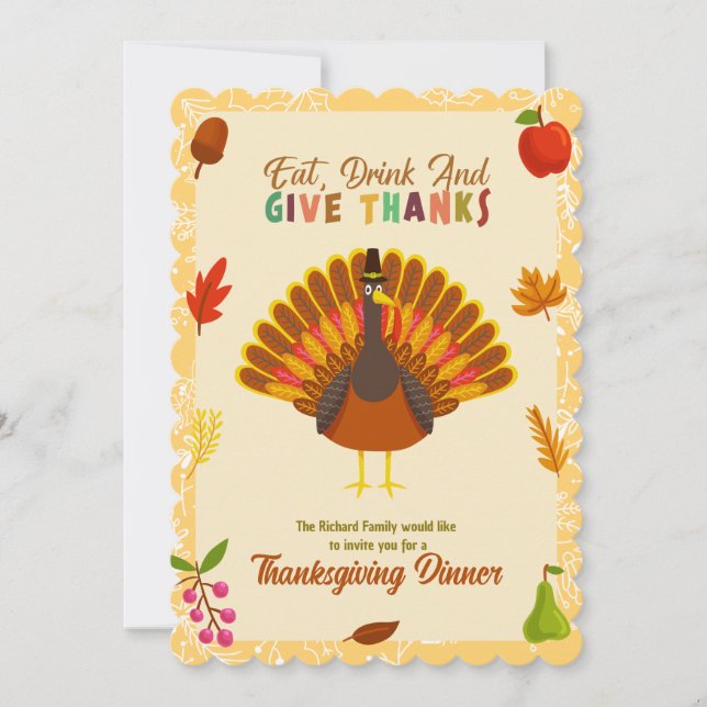 Dinninbjudan till Thanksgivingen Cute Turkey Inbjudningar (Framsida)