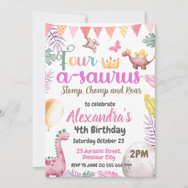 Dino 4-års födelsedag Fyr-a-saurus fest Inbjudningar (Framsida)