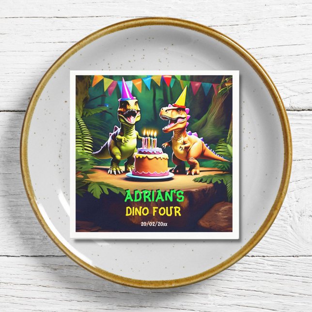 Dino 4 dinosaur-födelsedagskalender, tabellmall pappersservett (Dino four dinosaur birthday party tableware template napkins personalized name t-rex napkins)