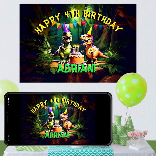 Dino 4 dinosaur grattis på födelsedagen-mall poster (Dino four dinosaur happy birthday editable template poster banner digital download dino party banner)
