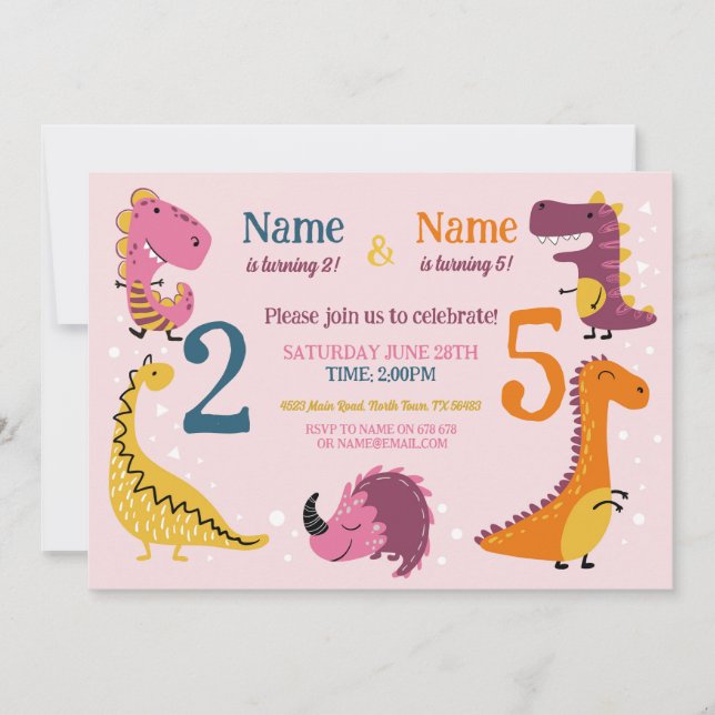 Dino Barns födelsedag Girls Rosa vid alla åldrar v Inbjudningar (Framsida)