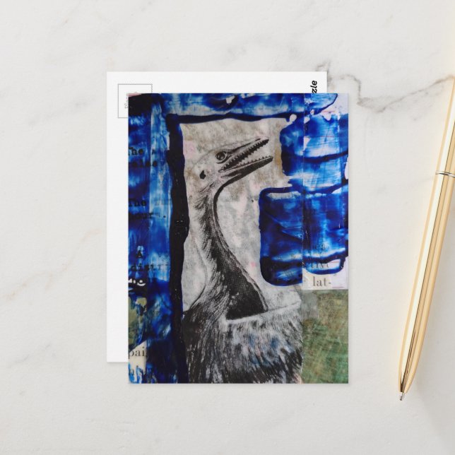 Dino Bird Mixed Media Collage Vykort (Fram/Back In Situ)