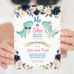 Dino Bowtie eller Tutu Dinosaur Gender Reveal Inbjudningar
