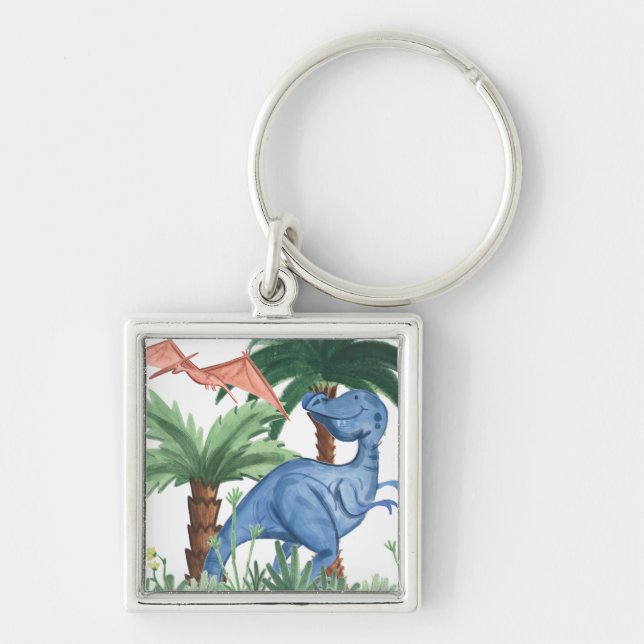 Dino Buddies I Fyrkantig Silverfärgad Nyckelring (Framsidan)