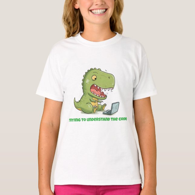 Dino Coder: Laptop Tyrannosaur T Shirt (Framsida)