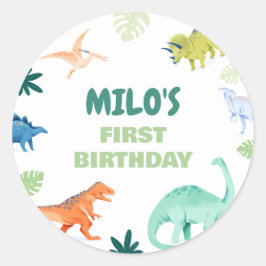 Dino Colorful Dinosaur Birthday Round Sticker Runt Klistermärke