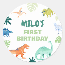 Dino Colorful Dinosaur Birthday Round Sticker Runt Klistermärke