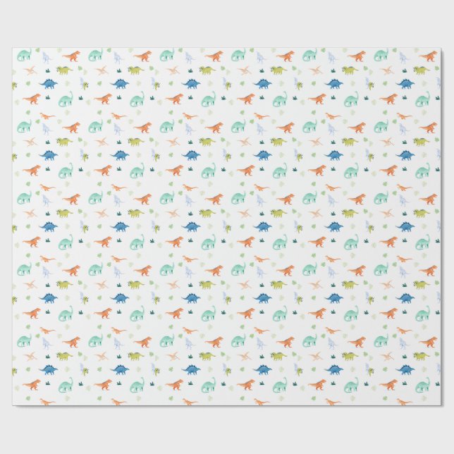 Dino Colorful Dinosaur Birthday Wrapping Papper Presentpapper (Platt)