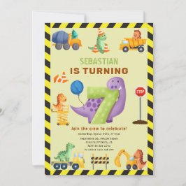 Dino Crew 7:e Birthday Construction Dinosaur Inbjudningar