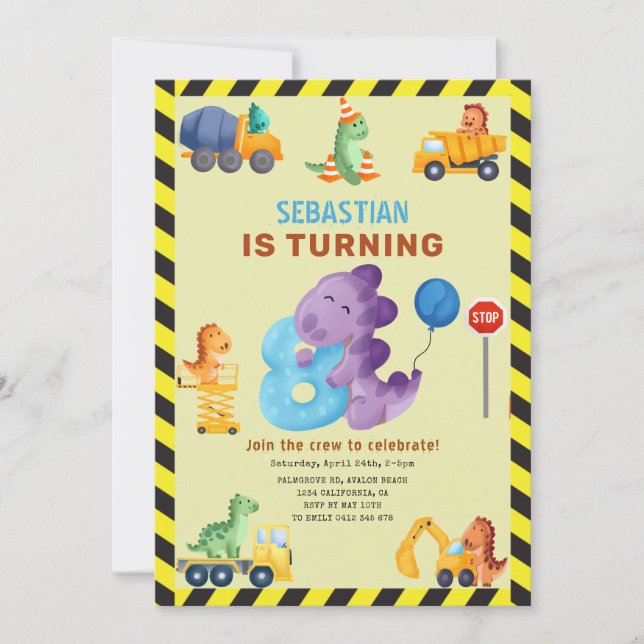 Dino Crew 8th Birthday Construction Dinosaur Inbjudningar (Framsida)