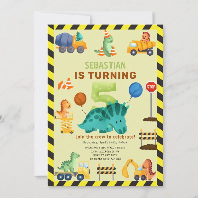 Dino Crew Construction 5th Birthday Dinosaur Inbjudningar (Framsida)