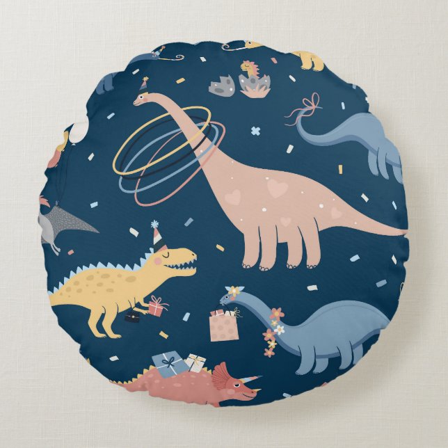 Dino Delight: Födelsedagsfestens Roligt Rund Kudde (Framsidan)