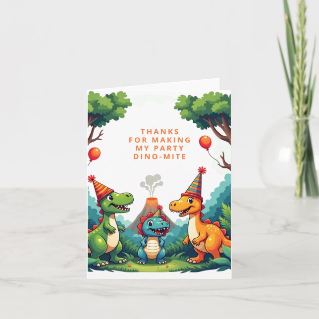 Dino Dinosaur Födelsedagsfest Vikbart Tackkort (Framsida)