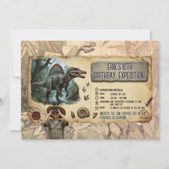 Dino Expedition Spinosaurus Pojkens 10-årsdag Inbjudningar (Framsida)