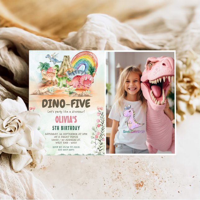 Dino-Fem dinosaur Girl 5:e Födelsedagsfesten Photo Inbjudningar (Skapare uppladdad)