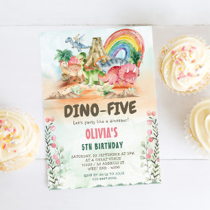 Dino-Fem dinosaur Girl Femte Födelsedagsfesten Inbjudningar