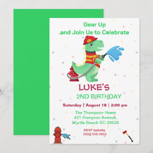 Dino Fireman Kids 2:a födelsedagen Party Inbjudningar