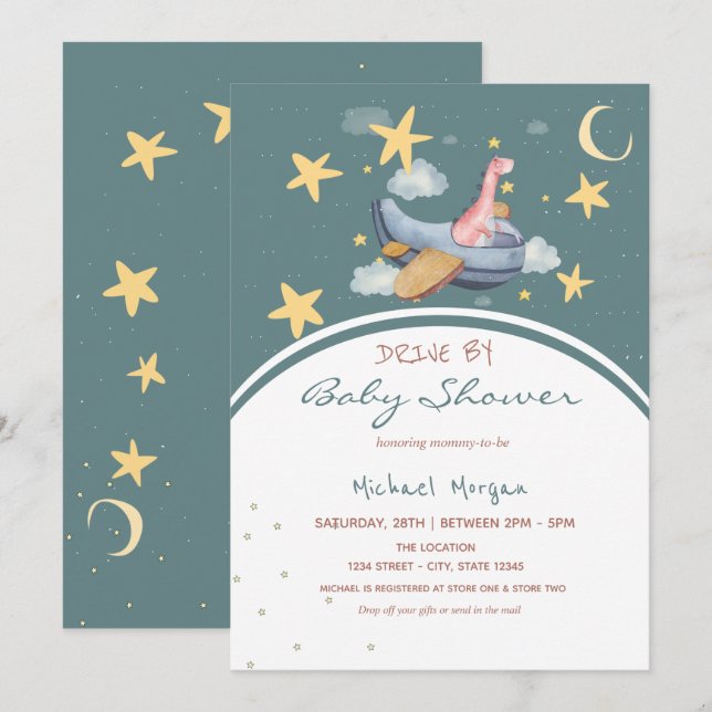 Dino Flygplan  Rymdstjärnor Drive By Baby Shower  Inbjudningar (Fram/baksida)