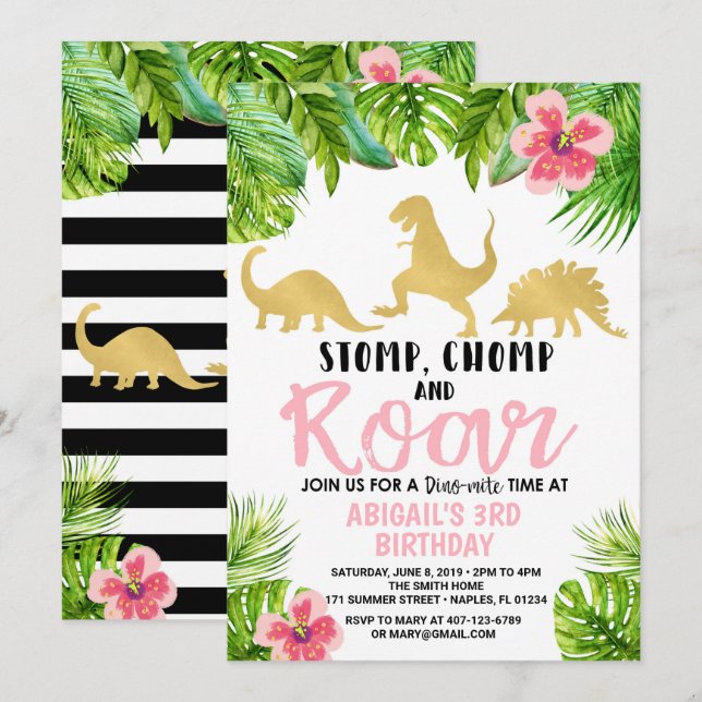 Dino för Dinosaurfödelsedaginbjudan inbjudan (Fram/baksida)