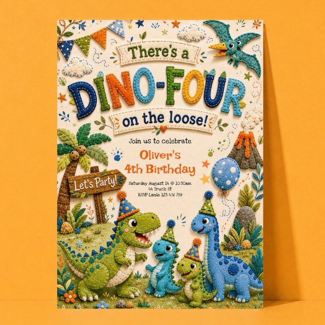 Dino-Four 4-års födelsedagsinbjudan Inbjudningar (Skapare uppladdad)
