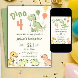 Dino Four Ballong 4-års Födelsedagsinbjudan Inbjudningar