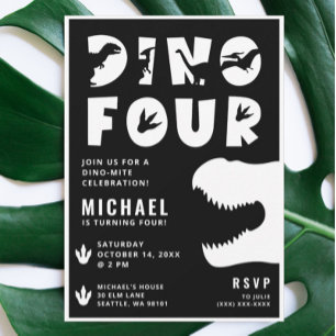 Dino Four Black Dinosaur 4e födelsedagen Party Inbjudningar