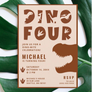 Dino Four Burnt Orange Dinosaur 4e födelsedagen Pa Inbjudningar
