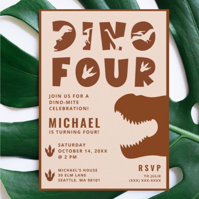 Dino Four Burnt Orange Dinosaur 4e födelsedagen Pa Inbjudningar (Skapare uppladdad)