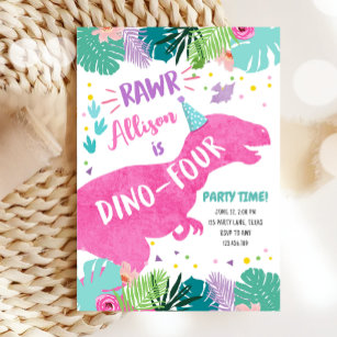 Dino-Four Rosa Dinosaur Girl 4:e fjärde födelsedag Inbjudningar