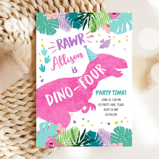Dino-Four Rosa Dinosaur Girl 4:e fjärde födelsedag Inbjudningar (Skapare uppladdad)