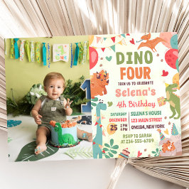 Dino FOUR T-Rex Dinosaur 4-års födelsedagsfest Fot Inbjudningar