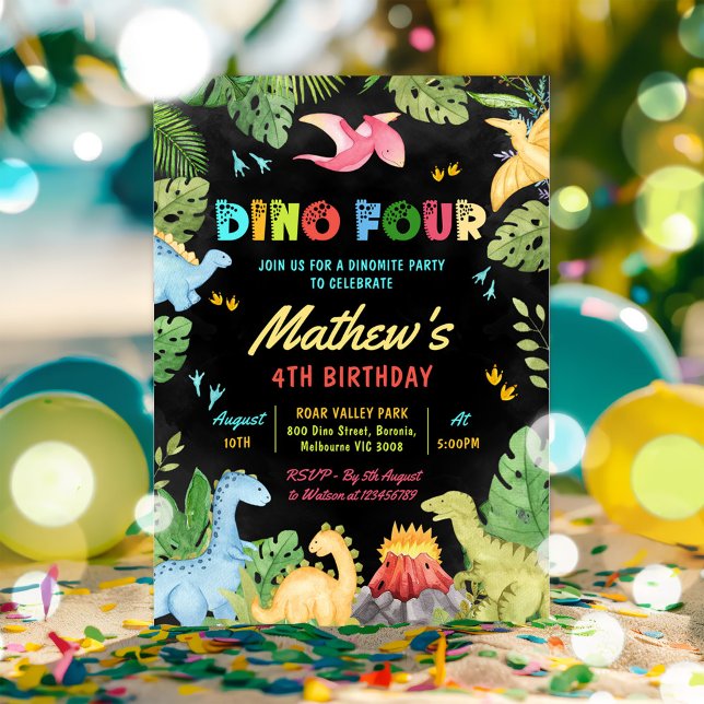 Dino Four T-Rex Dinosaur 4e födelsedagen Party Inbjudningar (Skapare uppladdad)