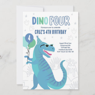 Dino Four T-Rex Dinosaur 4e födelsedagen Party Inbjudningar