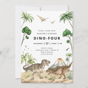 Dino-Fyra Dinosaurie Födelsedagsinbjudan Inbjudningar