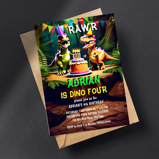 Dino fyra färgglada dinosaurie födelsedagsmall inbjudningar (Dino four dinosaur birthday party editable template invitation digital download t-rex dinosaurs)