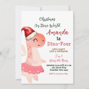 Dino-Fyra jul på Dino World Girl Birthday Inbjudningar