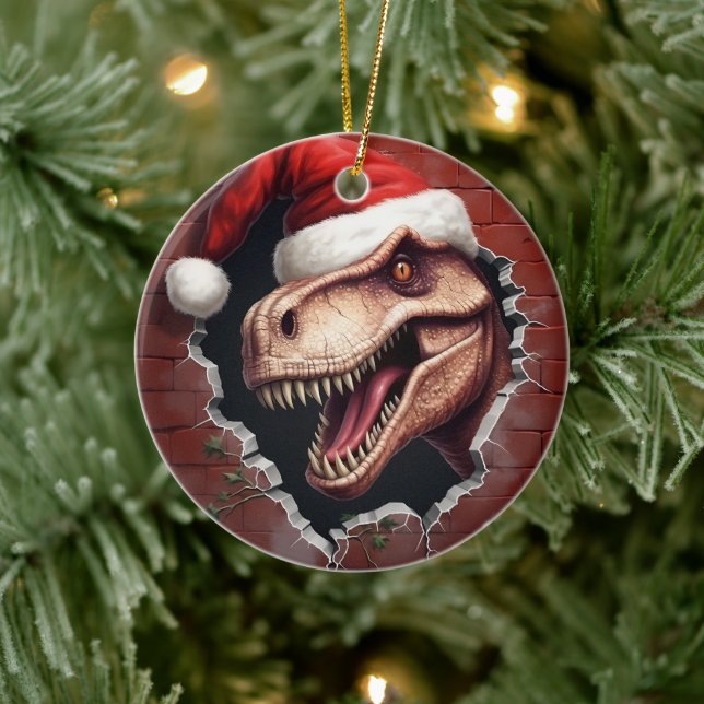 Dino i Santa Hat - 3D Julgransprydnad Keramik (Träd)