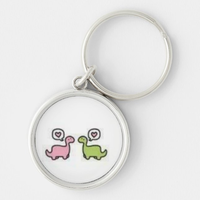 Dino kärlek Keychain Rund Silverfärgad Nyckelring (Framsidan)