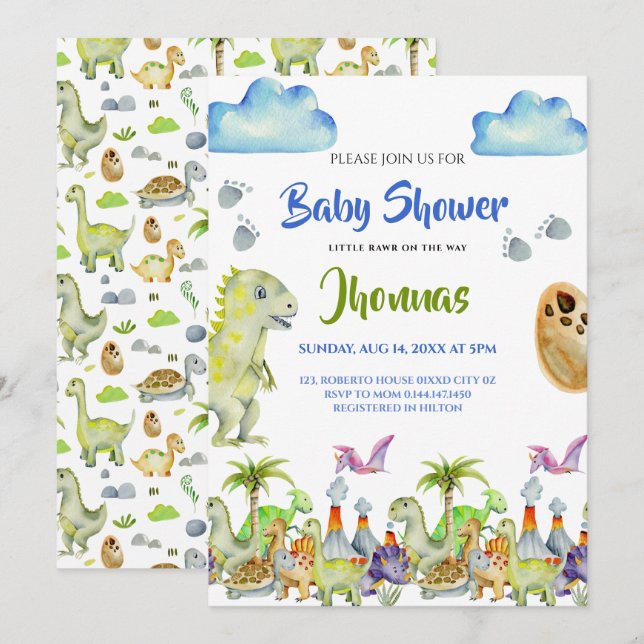 Dino lilla rawr baby shower inbjudan (Fram/baksida)