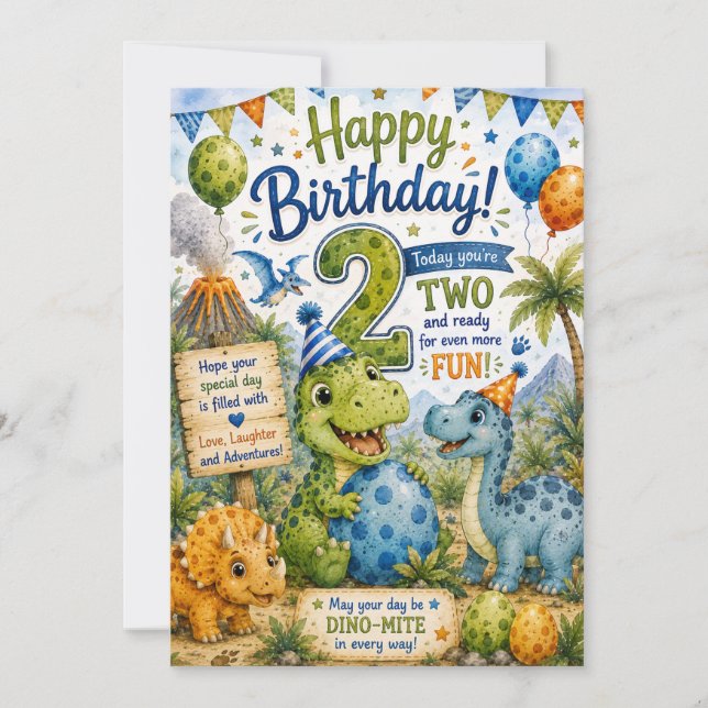 Dino-Mite 2-års födelsedags kort (Framsida)